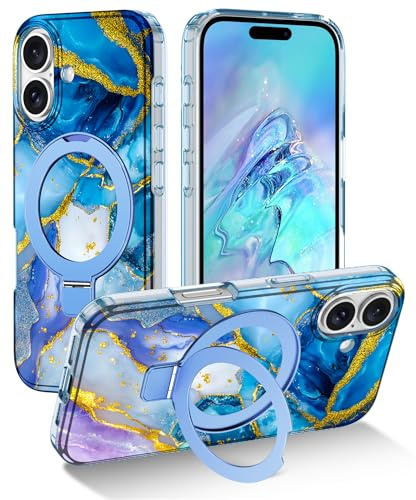 lamCase for iPhone 16 Case with Magnetic Invisible Ring Stand [Compatible with MagSafe], Full Body Rugged Slim Women Men Girl Shockproof Marble Pattern Design Case, Sky Blue