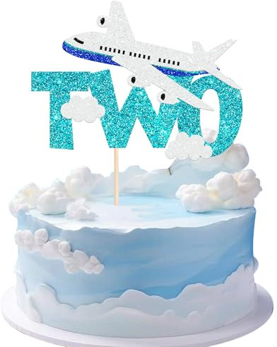 1 Stück Flugzeug Two Cake Topper Glitzer Flugzeug Zeichen Tortendeko Wie Zeit-Dateien Kuchen Deko für Flugzeuge Thema Kinder Zweiter Geburtstag Party Kuchen Dekoration Blau Weiß