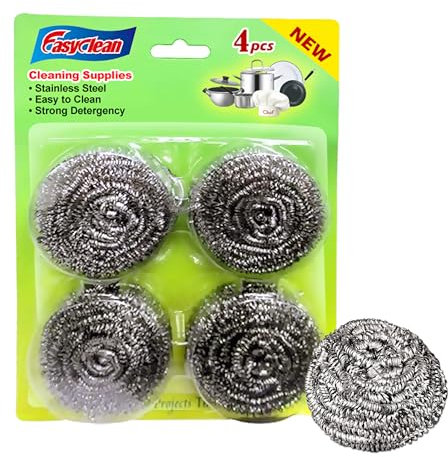 EasyClean 4pk Heavy Duty Spiral Steel Scourers,Metal Scourer Durable,Rust-Resistant,Reusable Cleaning Pads,Tough on Grease & Grime,Perfect for Cleaning Pots,Pans,Grills,Ovens & Tough Stains