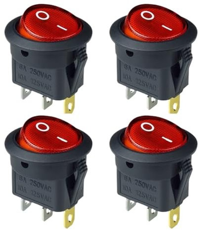 4 interruptores LED de 12 V/220 V, 16 A, 12 V, interruptor de encendido/apagado for coche, interruptor basculante redondo de 3 pines.(Red,12V)