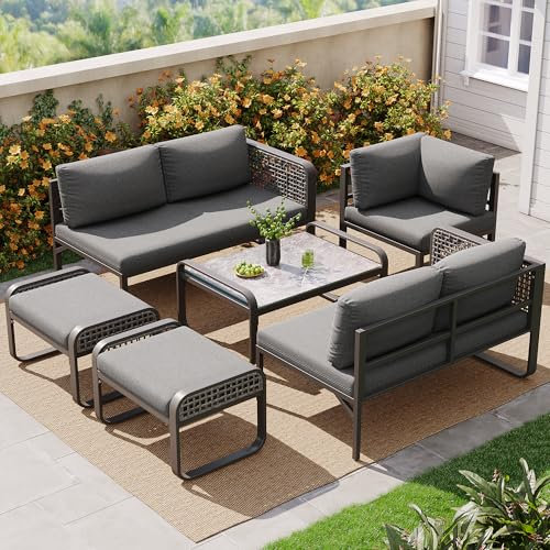 Jaxenor 6-7 Sitzplätze Garten Loungemöbel Set, Rattan Lounge Outdoor mit Ecksofa, Garten Möbel Set mit Verzinktem Eisengestell, Inklusive Aller Sitzpolster und Rückenkissen, Grau