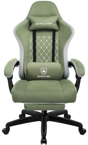 Fabric Gaming Chair with Footrest, Ergonomic Computer Desk Chair with Pocket Spring Cushion Home Office High Back Support Lumbar Support Heavy Duty Wide (Green)