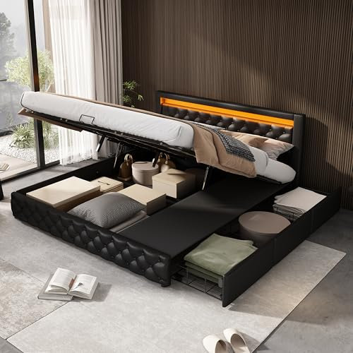 Merax Polsterbett 180 x 200 cm, Doppelbett mit Stauraum und Lattenrost, Funktionsbett mit Schubladen und LED-Beleuchtung, Aufbewahrungsfunktion, PU Bezug, Schwarz
