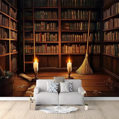 WHUOEUCO Wall Murals Wallpaper Vintage Bookshelf Candles 250x175 cm Modern 3D Photo Wallpaper Waterproof Wall Mural Art Poster, for Living Room Bedroom Kids Room Background Decor