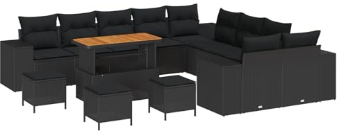 vidaXL Garten-Sofa-Set mit Kissen 14 pcs Schwarz 110 x 55 x 71 cm, Garten- und Terrassenlounge, modernes Outdoor-Sofa, verstellbare Füße, Stauraum für Frühling und Sommer