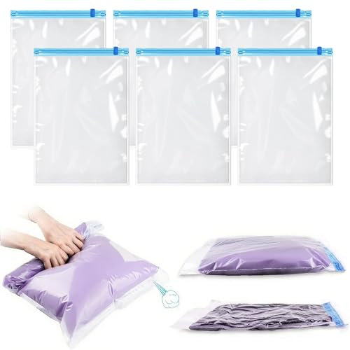 Small Vacuum Storage Bags, 6 Pack Space Saver Bags, Roll-Up Compression Zipper Sealer Bags, Reusable Travel Vacuum Bags for Clothes - 35×50cm (No Pump Included)