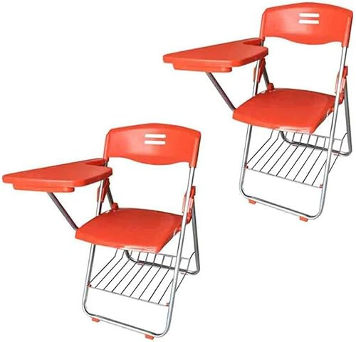 Set of 2 Orange Plastic Folding Chairs with Writing Tablet for Training Conferences Durable Steel Frame Ideal for Business & Learning