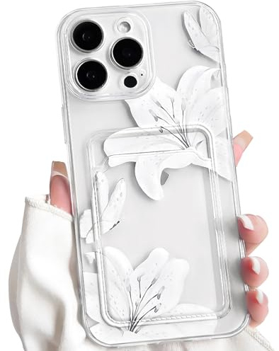 NITITOP for iPhone 16 Pro Case Clear Cute Flower Lily Pattern,White | with Card Holder, for Women Girl, Aesthetic Floral Butterfly Design, Soft TPU Wallet Shockproof Cover, Full Camera Protection