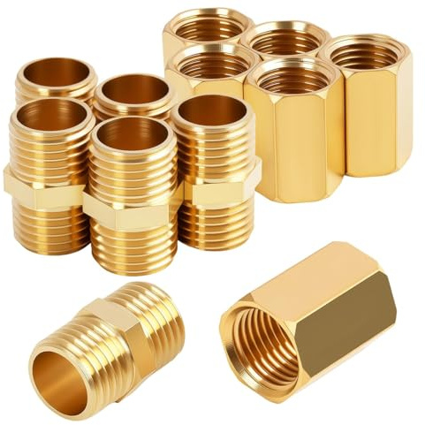 12PCS 1/4 bis 1/4 Innen und Außengewinde BSP Gewinde Messing, Doppelnippel und Muffe 1/4 Zoll BSP, Adapter 1 4 auf 1 4 für Wasserrohr, Gas, Druckluft, Rohrverbindung