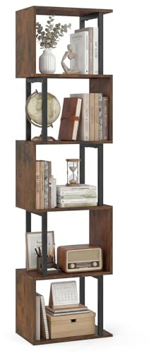 COSTWAY Libreria a 5 Livelli in Legno, Scaffale Espositore Geometrico con Struttura in Metallo, Mobile Portaoggetti Salvaspazio per Camera da Letto Soggiorno Ufficio, 38x23x147 cm (Marrone Rustico)