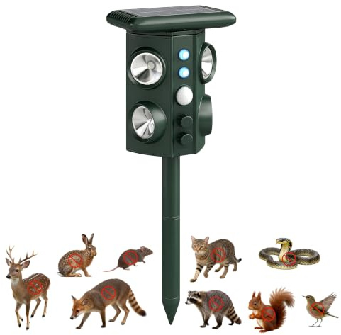 Outsunny Repellente Gatti Ultrasonico Solare Dissuasore per Gatti | 5 Modalità PIR, Flash LED, 110°, IPX4 Impermeabile, 4 Altoparlanti per Animali