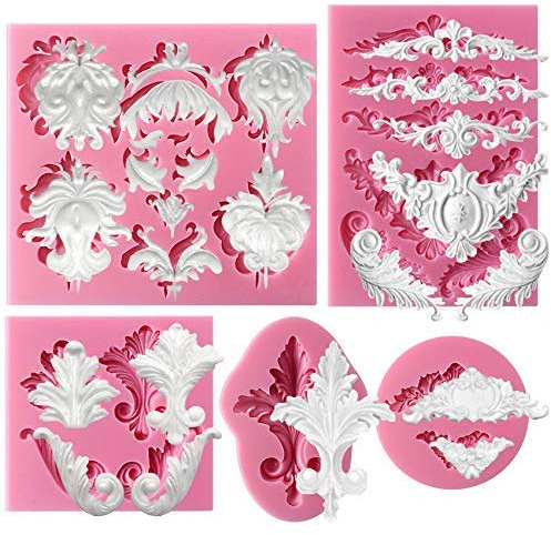 Musykrafties Vintage Baroque Style Curlicues Scroll Lace Fondant Silicone Mould for Sugarcraft, Cake Border Decoration, Cupcake Topper, Jewelry, Polymer Clay, Crafting Projects, 5 in Set