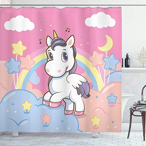 ABAKUHAUS Einhorn Duschvorhang, Regenbogen-Musik-Anmerkungen, Stoffliches Gewebe Badezimmerdekorationsset mit Haken, 175 x 240 cm, Gelb und Rosa