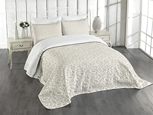 ABAKUHAUS orientalisch Tagesdecke Set, Nahöstliche Flora, Set mit Kissenbezügen Waschbar, für Doppelbetten 220 x 220 cm, Weiß Beige