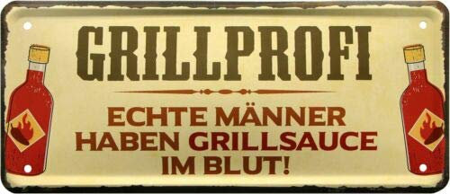 WOGEKA ART Retro Blechschild - Grillprofi - Echte Männer haben Grillsauce im Blut - witziger Spruch Geschenk-Idee Geburtstag Weihnachten Deko 20x30 cm Vintage-Design Metall 2012