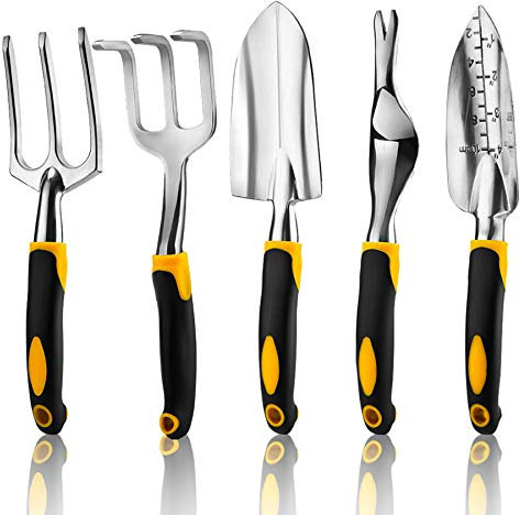 5 Piece Gardening Tools Set Including Trowel, Transplanted, Cultivator, Weedier, Weeding Fork, Garden Tools with Heavy Duty Cast-Aluminium Heads & Ergonomic Handles