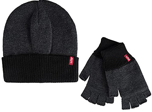 Levi's Warme Wintermütze für Herren, wendbar, mit fingerlosem Handschuh-Set, Dunkelgrau/Schwarz, Einheitsgröße