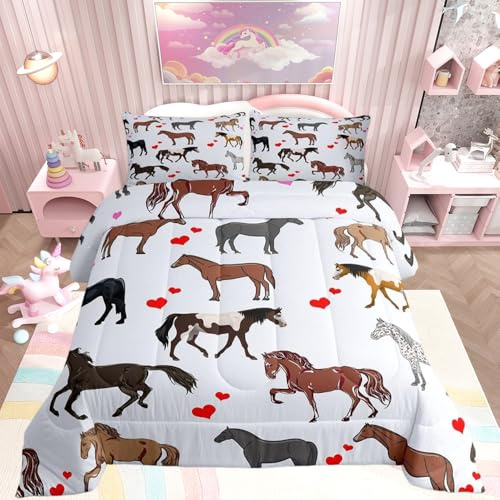 Loussiesd Pferdebettwäsche für Kinder, Mädchen, hübsches Ponys, 3-teilig, Cartoon-Bauernhoftiere, rotes Herz, Doppelbettgröße