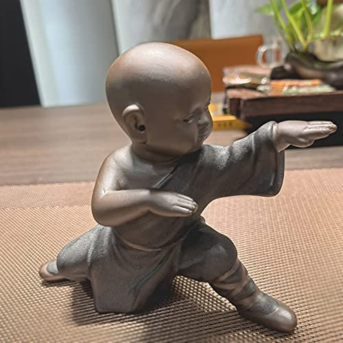 Pevfeciy Kung Fu Buddha Statue aus Keramik,Kleine Mönch Figur,Tee Skulptur,Kreative Bastelpuppen Dekor,Tee Tablett Ornamente,Home Office Tee Dekoration