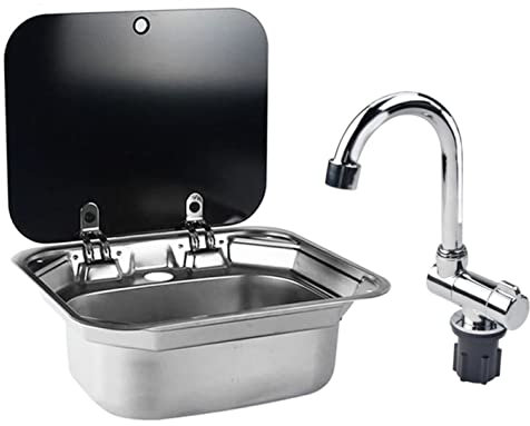 RV Caravan or Boat Stainless Steel Hand Wash Basin Sink with Folded Faucet Tempered Glass Lid van Camper Trailer Accessories (Sink with tapB)