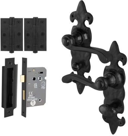 EAI Fleur De LYS Black Antique Door Handles Bathroom Kit, 1 Pair of Rustic Cast Iron Internal Handles, Lock 64mm and Hinges