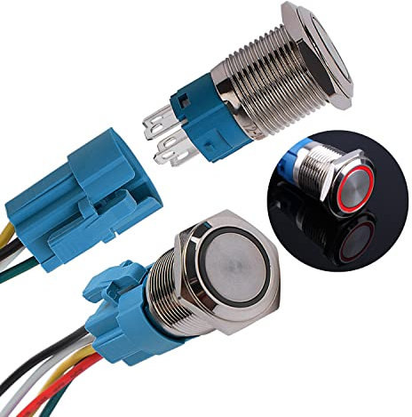 JIQI 2× 16mm 12V bis 24V 3A Verriegelung Druckschalter Metall Rastend EIN/AUS Schalter mit LED Licht IP66 1NO1NC Selbsthemmend wasserdicht vorverdraht Druckknopfschalter für Van KFZ DIY Motorrad(Rot)