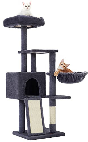 FEANDREA Árbol para Gatos Pequeños, 135 cm, Condominio para Gatos de Felpa de Varios Niveles, con Cubierta de Plataforma Extraíble y Lavable, Rascador, Cesta, Cueva, Gris Oscuro