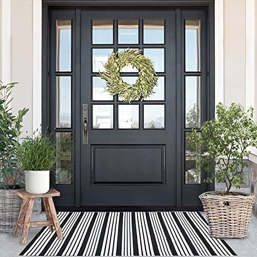 KaHouen Baumwollteppich in Schwarz und Weiß gestreift (69,5 x 109,9 cm), waschbar, gestreift, für den Außenbereich, Eingangsbereich, Waschküche, Bauernhaus, Küche.
