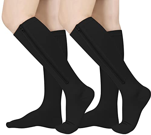 2 paia di calze a compressione con cerniera, 15-20 mmHg a compressione con punta chiusa con cerniera per donne e uomini, nero, Large