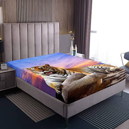Loussiesd Tiger Print Spannbetttuch 140x200cm Wilde Tiere Bettlaken Kinder Tiere Muster Dekorative Spannbettlaken mit Weiche Mikrofaser Sonnenuntergang Muster für Schlafzimmer Dekor