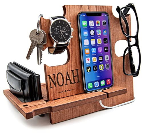 Personalisierte Dockingstation, Smartphone-Ständer - Nachttischhalter aus Holz, Geschenkidee für Männer