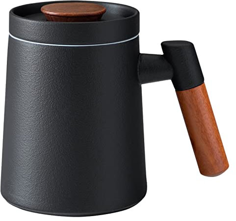 HEER Tasse à thé en céramique avec infuseur et couvercle pour infuser le thé en vrac, tasse à thé à infusion avec poignée en bois étendue, tasse à thé glacée pour la maison et le bureau. 400 ml (noir)