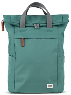 ROKA London Finchley A Medium Recycled Canvas (Sage) | Roll top backpack with spacious storage, padded laptop sleeve, side bottle pockets, secret pocket and adjustable straps