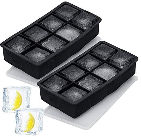 2 Pack Ice Cube Trays, Silicone Large Square Whiskey Ice Cube Mould with Removable Lid, 8 Big Ice Cubes per Tray for Cocktails, Whiskey and Drinks Ice Cool (Black, 2 X Large Square)