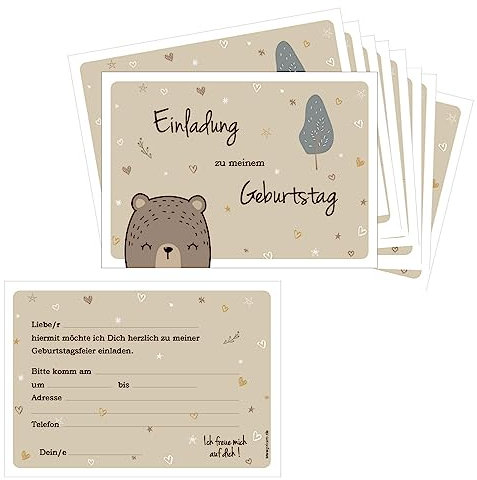 PRICARO Einladungskarten Kindergeburtstag, A6 Grizzlybär, 10 Stück