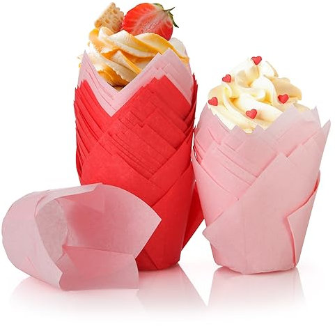 Spesh 100 Stücke Papier Muffinförmchen in Tulpenform Cupcake Formen Tulpe Einweg-Backbecher für Hochzeiten Geburtstag Osterfeier Familientreffen (Pink+Rot)