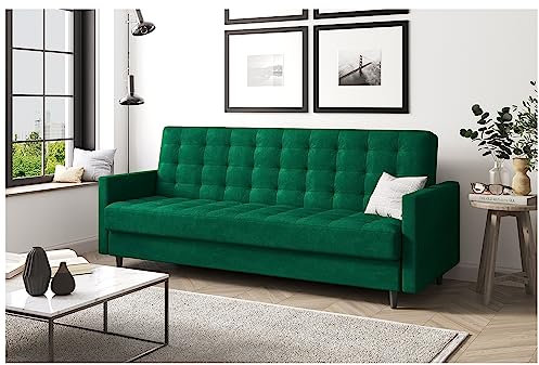 MEBLINI Sofa mit Schlaffunktion - Schlafcouch Ausziehbar - Schlafsofa mit Bettkasten - Sofabett - Couch mit Schlaffunktion - Klappsofa - Andres 1-218x87x93cm - Grün Samt