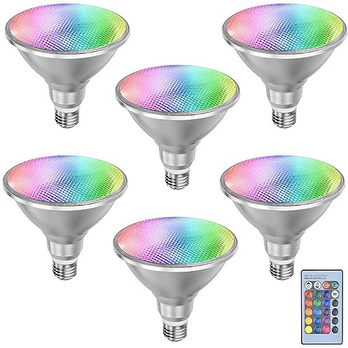 TPMAFF PAR38 Strahler-Glühbirne, 20 Watt, LED/COB, dimmbar, RGBW-Farbwechsel, Flutlicht-Glühbirne, mit Fernbedienung, 85–265 V AC Universalspannung, 120° Abstrahlwinkel, IP65, E27-Sockel (6er-Pack)