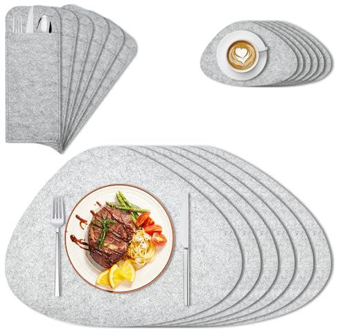 CAREDGO Tischsets Abwaschbar, 18er Platzsets Platzdeckchen Filz Set Tischuntersetzer Tischunterlage Esstisch 43cm * 33cm Grauer Untersetzer Besteckhalter Placemats Tisch Platzset zum Bestecken