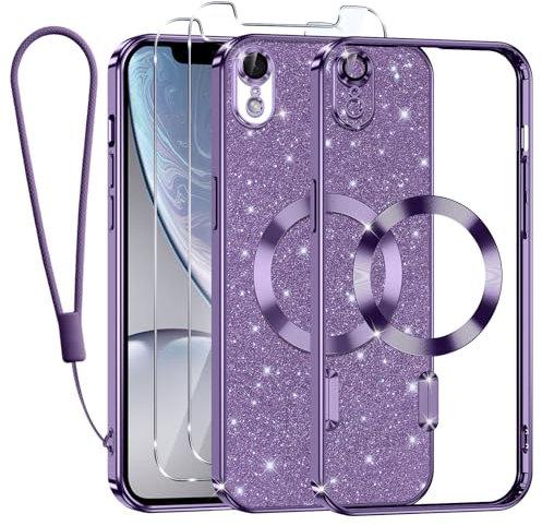 Kokio Handykette für iPhone XR Hülle mit Band, [Kompatibel mit MagSafe] Glitzer Magnetisch Handyhülle für iPhone XR mit 2 Stück Schutzfolie Stoßfeste Silikon TPU Schutzhülle, Lila