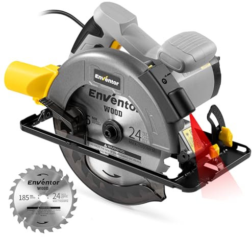 Enventor Sega Circolare con Guida 1400W, Sega Circolare per Legno 6000RPM, Profondità di Taglio 62mm(90°), 48mm(45°), Lama 185mm(24T), Motore in Rame Puro, Ideale per Tagliare il Legno