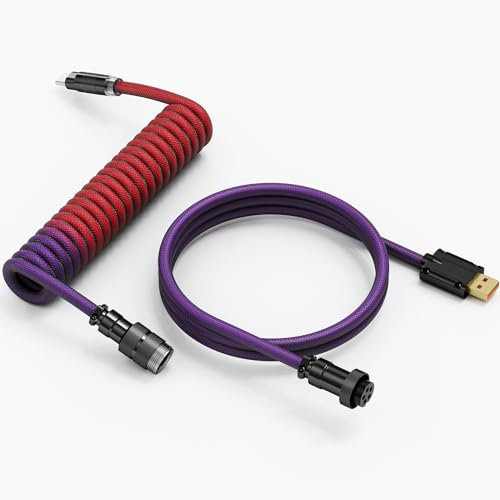 YKZ Cable de teclado USB C en espiral, cable de teclado mecánico de doble manga con aviador de metal desmontable, 1,5 m USB C a USB A, negro