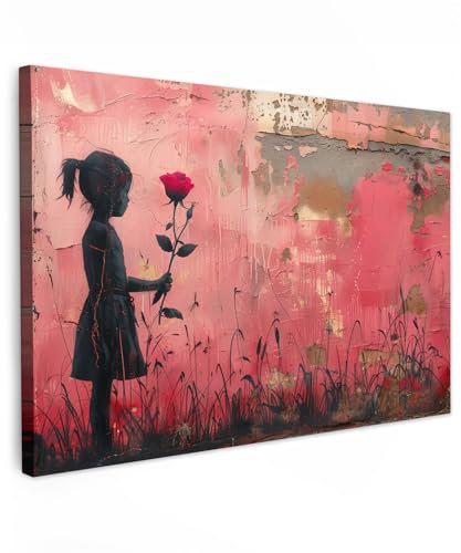 MuchoWow© Impression sur Toile Decoration Murale Peinture 120x80 cm Tableaux Decoratifs Muraux Déco Chambre Tableau Salon Graffiti - Fille - Rose - Street art - Fleurs - Banksy
