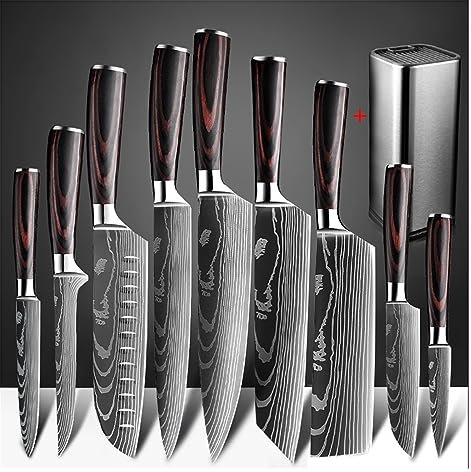 Set di coltelli da chef giapponesi professionali - Acciaio inossidabile ad alto tenore di carbonio 7CR17 - Coltello laser Cheung Moire - Manico in legno colorato - Leggero e resistente - Set completo