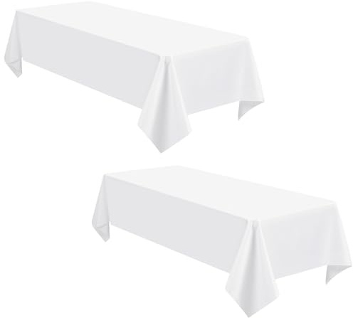 2er-Pack weiße Tischdecken, 153 x 260 cm, Polyesterstoff, rechteckige Tischdecke für 1,8 m große Tische, weiße Tischdecken, Tischdecke für Hochzeit, Geburtstag, Party, Bankett-Tischdekoration