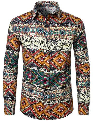 PARKLEES Men's Linen Stylish African Traditional Pattern Printed Long Sleeve Button up Shirt, Orange White, Large