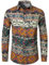 PARKLEES Men's Linen Stylish African Traditional Pattern Printed Long Sleeve Button up Shirt, Orange White, Large