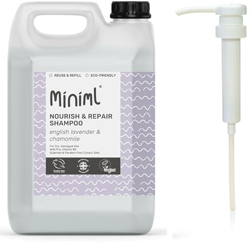 Miniml Natural Eco Hair Shampoo - Nourish and Repair – 5L Refill and 5L Pump - Lavender and Chamomile - For Dry, Damaged Hair with Pro-Vitamin B5 - Sulphate & Paraben Free, Vegan & Cruelty Free