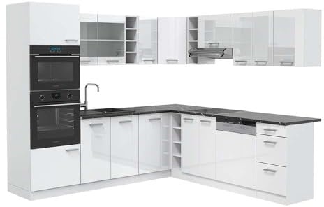 Vicco Eckküche R-Line, Küchenzeile in L-Form, Weiß Hochglanz/Weiß, 237 x 247 cm, AP Anthrazit