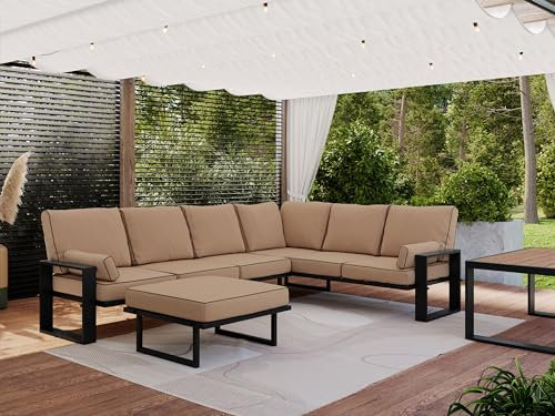 MKS MEBLE Gartenmöbel Metall wetterfest, Outdoor Möbel Sitzgruppe, Gartenmöbel Set 6 Personen, Lounge Ecksofa Outdoor 5 Sitzer, Gartenlounge Set mit Esstisch, Lounge Hocker Garten, Beige- ELBA 4